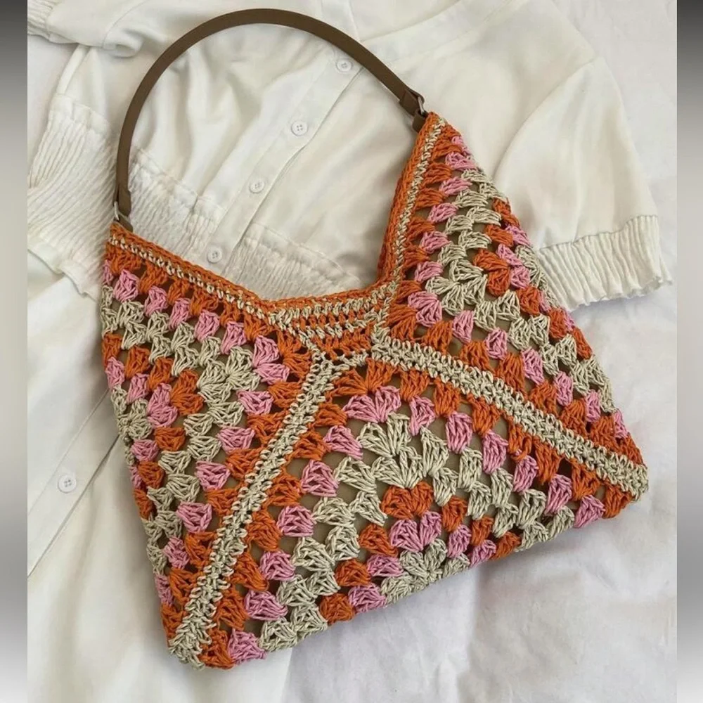 Elegant Orange and Pink Crochet Hobo Bag